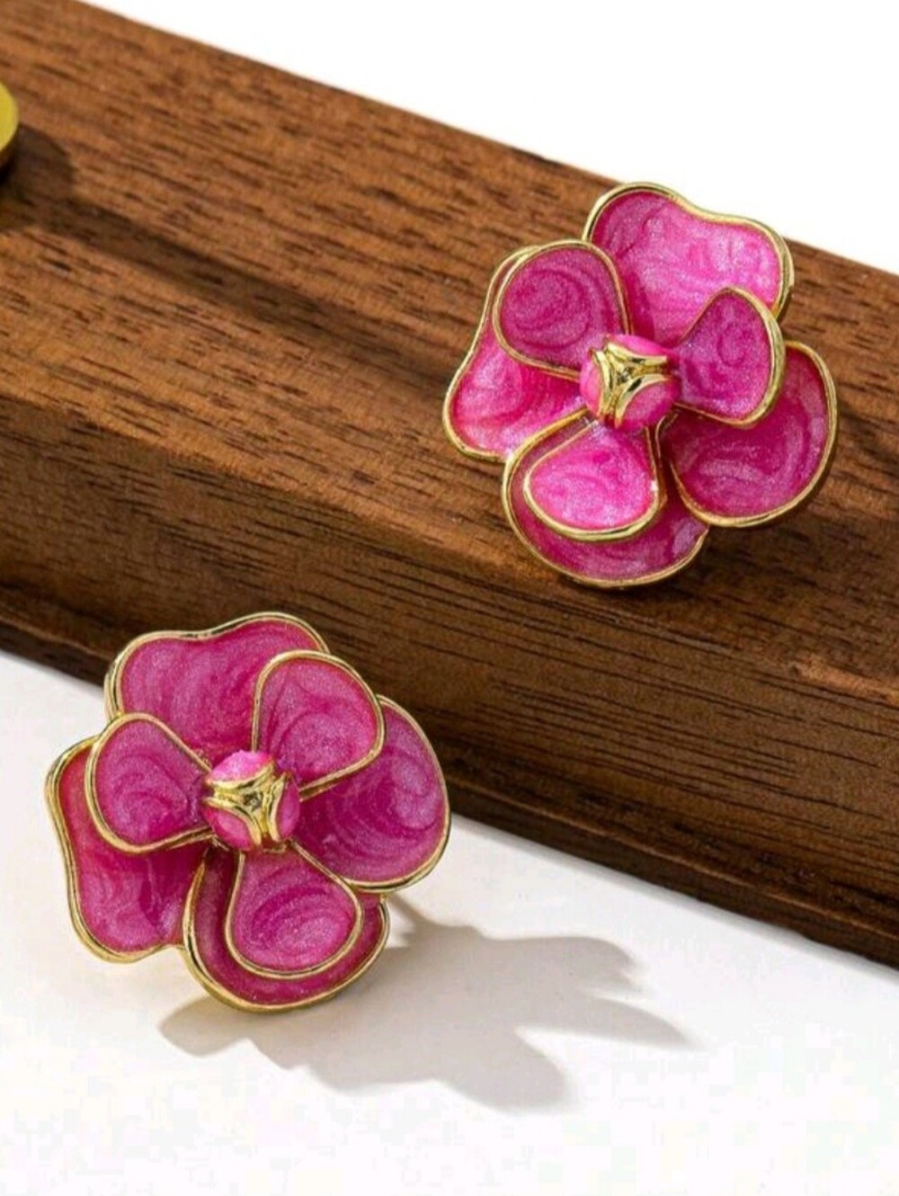 Gold-Trim Pink Floral Enamel Stud Earrings - Women Jewelry